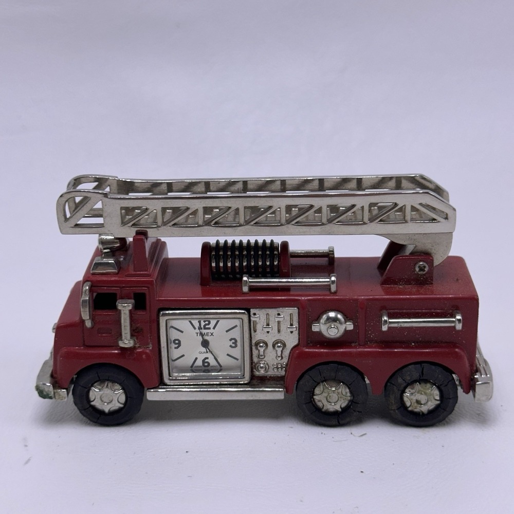 Vintage Timex Fire Truck Desk Clock Diecast Ladder Truck 4.5" Red